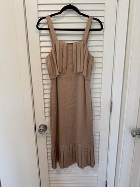 Little Moon Tan Pleated Strap Midi Dress